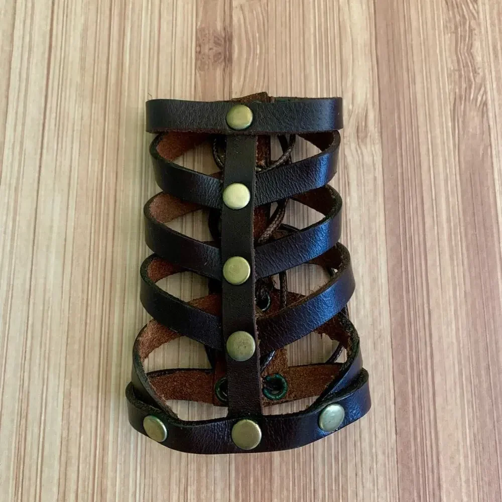 2/$30 Brown Leather Wrap Bracelet Arm Cuff Adjustable Boho Festival Gold Studs